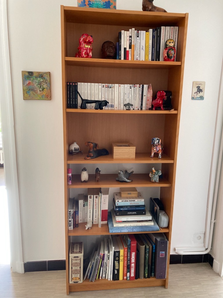 A wooden bookshelf displaying various books, ceramics, and decorative objects, including animal figurines and a small sculpture.